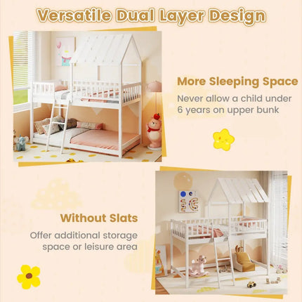 Twin Over Twin House Bunk Bed with Roof and Full-length Guardrails for Kids Teens Boys Girls-White - White - Bunk Bed