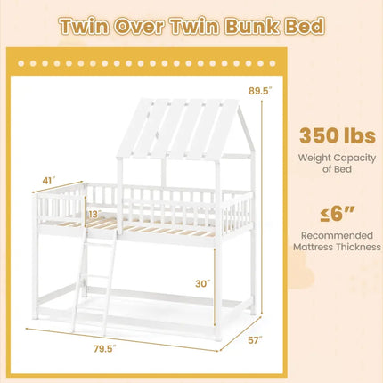 Twin Over Twin House Bunk Bed with Roof and Full-length Guardrails for Kids Teens Boys Girls-White - White - Bunk Bed
