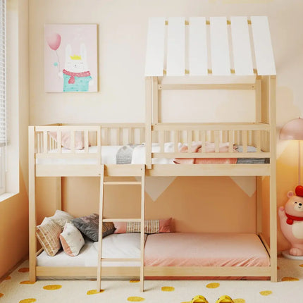 Twin Over Twin House Bunk Bed with Roof and Full-length Guardrails for Kids Teens Boys Girls-Natural - Natural - Bunk