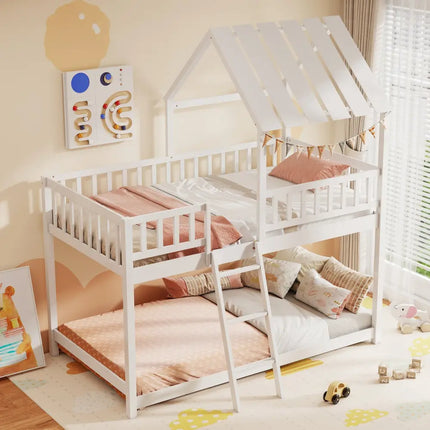Twin Over Twin House Bunk Bed with Roof and Full-length Guardrails for Kids Teens Boys Girls-White - White - Bunk Bed