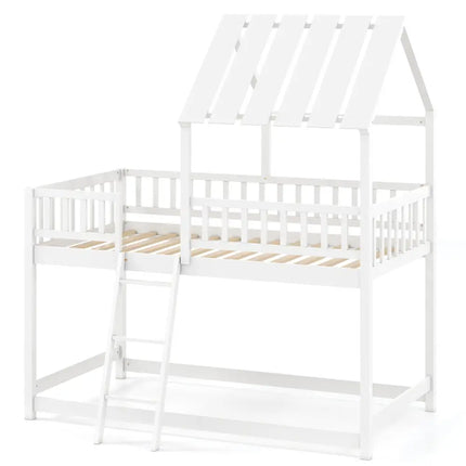Twin Over Twin House Bunk Bed with Roof and Full-length Guardrails for Kids Teens Boys Girls-White - White - Bunk Bed
