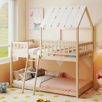Twin Over Twin House Bunk Bed with Roof and Full-length Guardrails for Kids Teens Boys Girls-Natural - Natural - Bunk