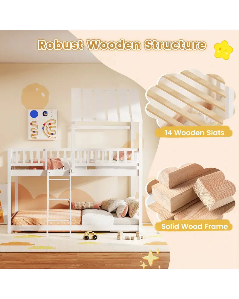 Twin Over Twin House Bunk Bed with Roof and Full-length Guardrails for Kids Teens Boys Girls-White - White - Bunk Bed