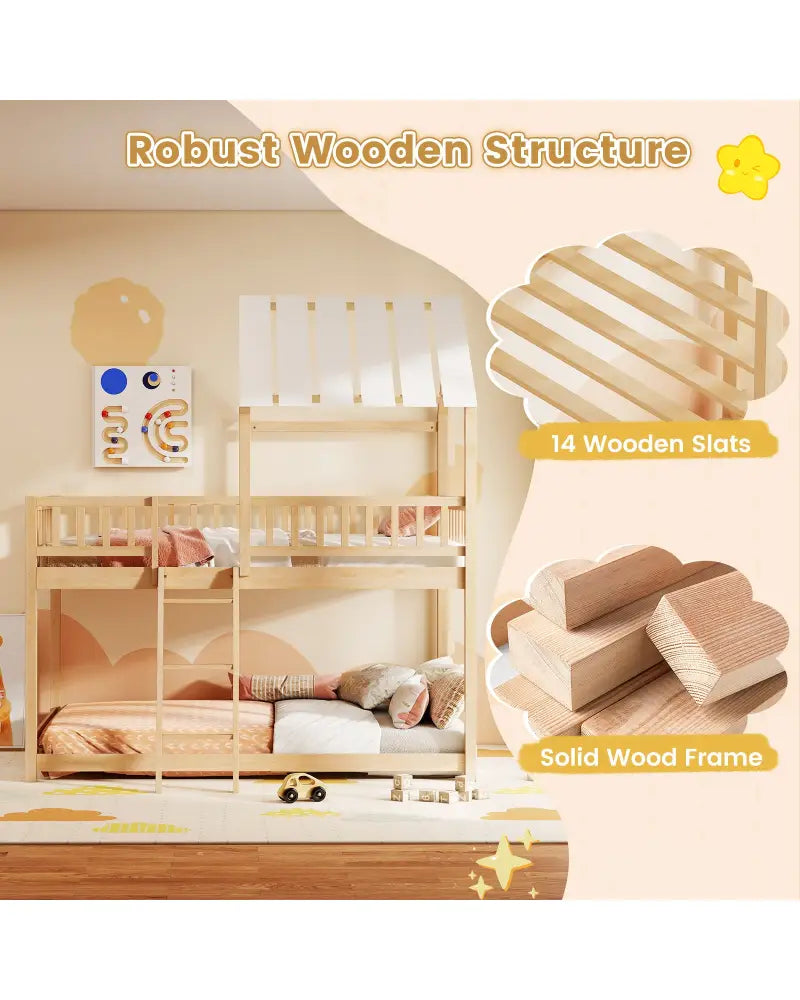 Twin Over Twin House Bunk Bed with Roof and Full-length Guardrails for Kids Teens Boys Girls-Natural - Natural - Bunk