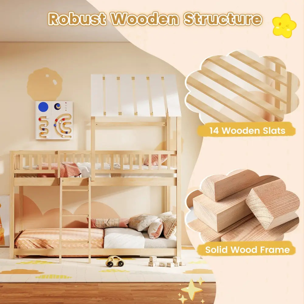 Twin Over Twin House Bunk Bed with Roof and Full-length Guardrails for Kids Teens Boys Girls-Natural - Natural - Bunk
