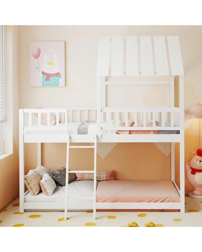 Twin Over Twin House Bunk Bed with Roof and Full-length Guardrails for Kids Teens Boys Girls-White - White - Bunk Bed