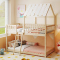 Twin Over Twin House Bunk Bed with Roof and Full-length Guardrails for Kids Teens Boys Girls-Natural - Natural - Bunk