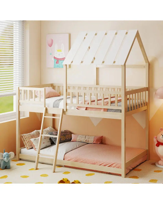 Twin Over Twin House Bunk Bed with Roof and Full-length Guardrails for Kids Teens Boys Girls-Natural - Natural - Bunk