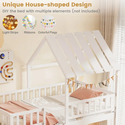 Twin Over Twin House Bunk Bed with Roof and Full-length Guardrails for Kids Teens Boys Girls-White - White - Bunk Bed