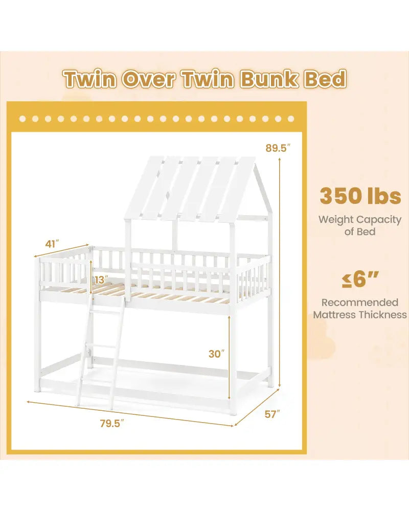 Twin Over Twin House Bunk Bed with Roof and Full-length Guardrails for Kids Teens Boys Girls-White - White - Bunk Bed