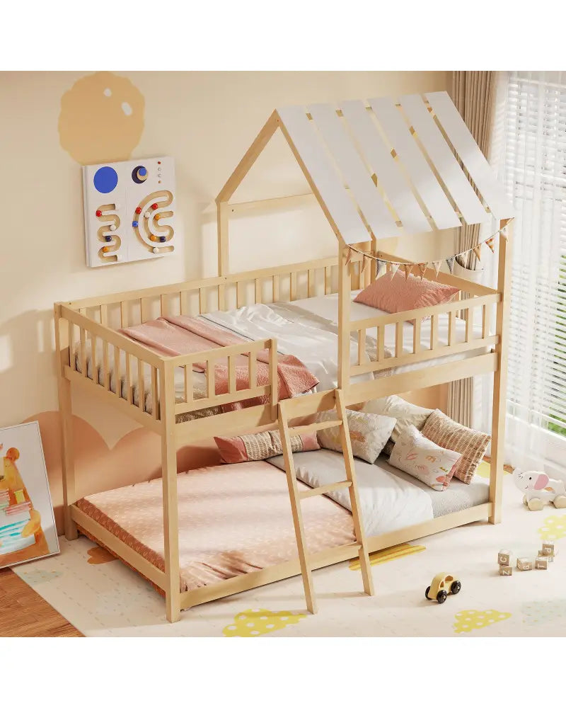 Twin Over Twin House Bunk Bed with Roof and Full-length Guardrails for Kids Teens Boys Girls-Natural - Natural - Bunk
