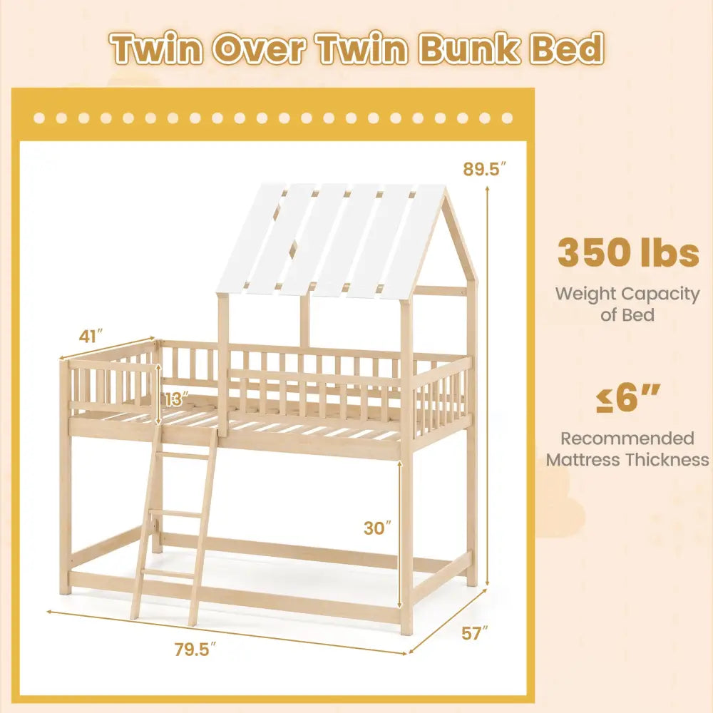 Twin Over Twin House Bunk Bed with Roof and Full-length Guardrails for Kids Teens Boys Girls-Natural - Natural - Bunk
