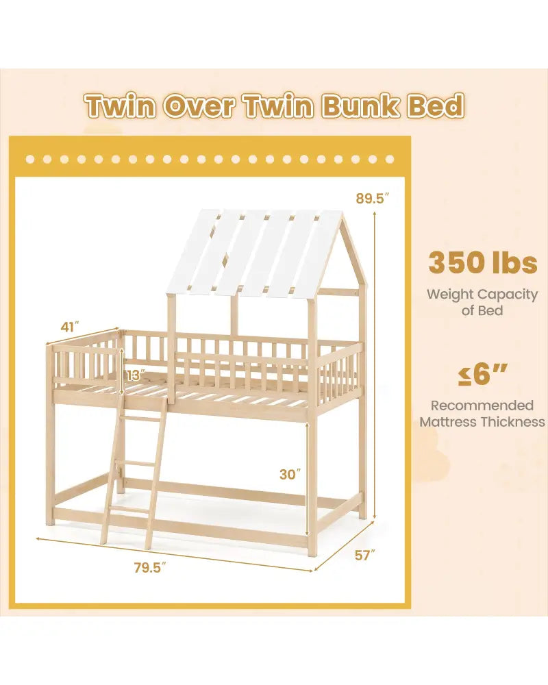 Twin Over Twin House Bunk Bed with Roof and Full-length Guardrails for Kids Teens Boys Girls-Natural - Natural - Bunk