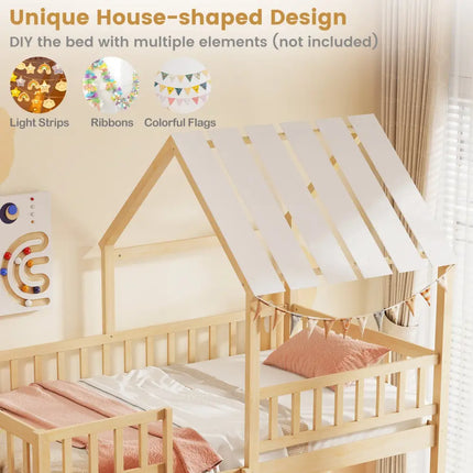 Twin Over Twin House Bunk Bed with Roof and Full-length Guardrails for Kids Teens Boys Girls-Natural - Natural - Bunk
