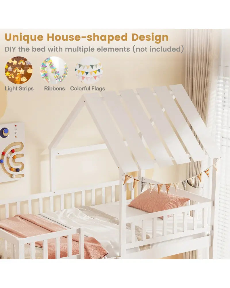 Twin Over Twin House Bunk Bed with Roof and Full-length Guardrails for Kids Teens Boys Girls-White - White - Bunk Bed