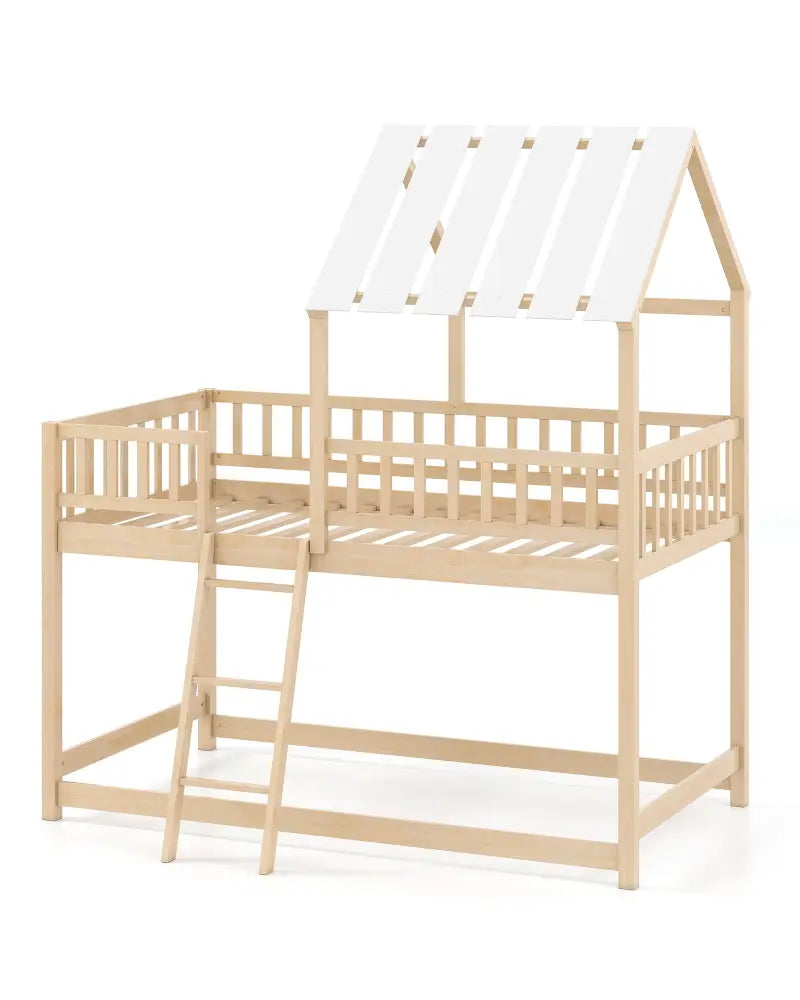 Twin Over Twin House Bunk Bed with Roof and Full-length Guardrails for Kids Teens Boys Girls-Natural - Natural - Bunk