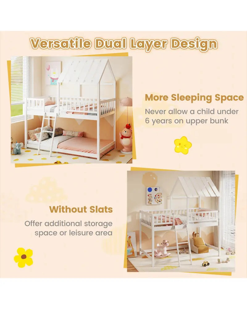 Twin Over Twin House Bunk Bed with Roof and Full-length Guardrails for Kids Teens Boys Girls-White - White - Bunk Bed