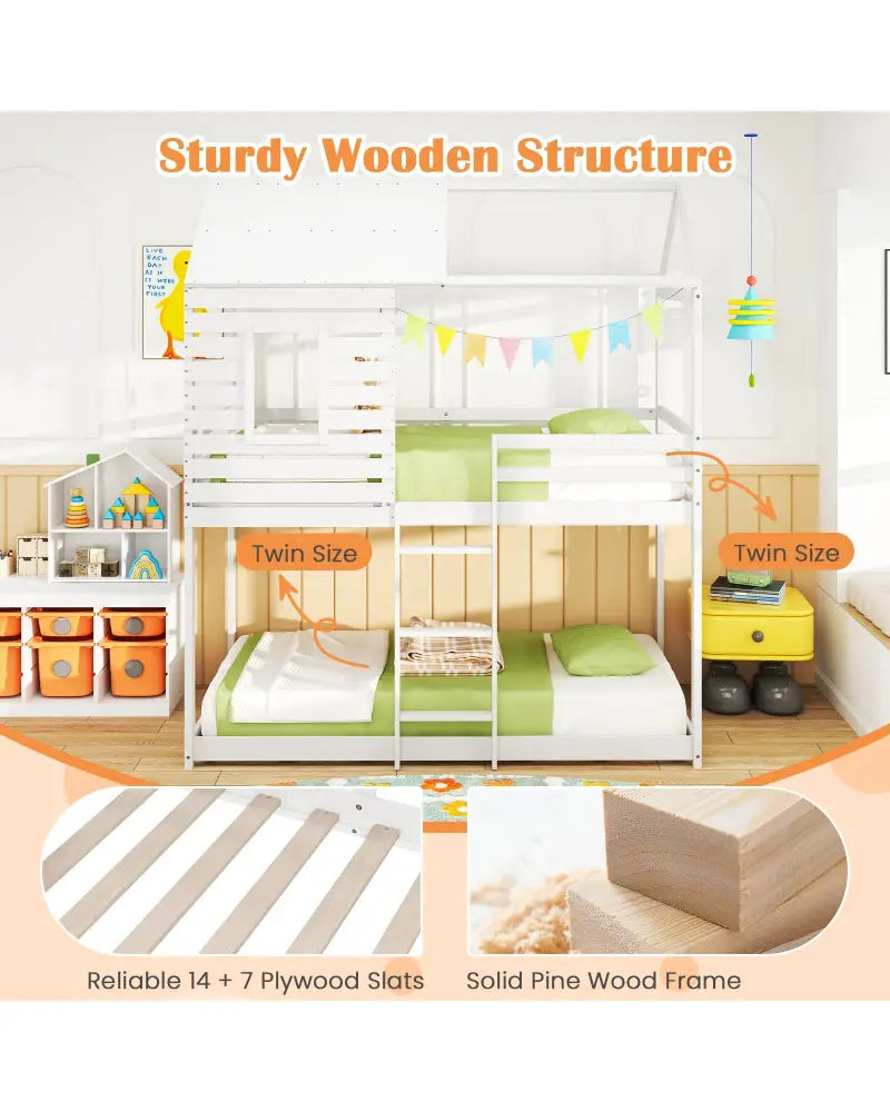 Twin over Twin House Bunk Bed with Roof and Full-length Guardrails-White - White - Bunk Bed Frame