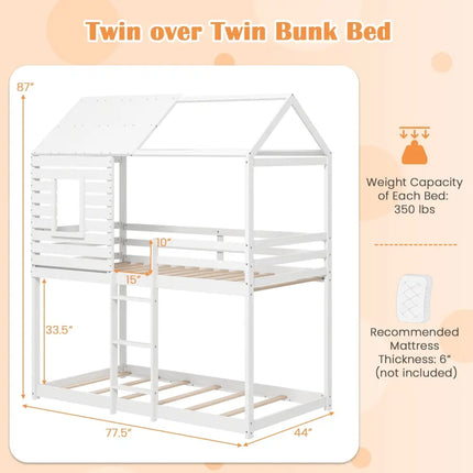 Twin over Twin House Bunk Bed with Roof and Full-length Guardrails-White - White - Bunk Bed Frame