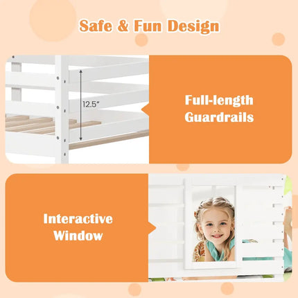 Twin over Twin House Bunk Bed with Roof and Full-length Guardrails-White - White - Bunk Bed Frame