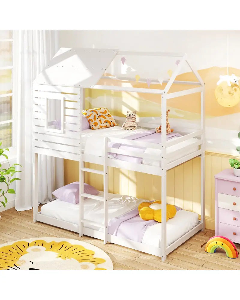 Twin over Twin House Bunk Bed with Roof and Full-length Guardrails-White - White - Bunk Bed Frame