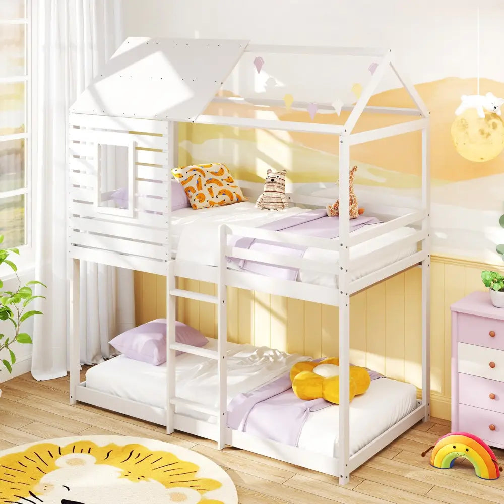 Twin over Twin House Bunk Bed with Roof and Full-length Guardrails-White - White - Bunk Bed Frame
