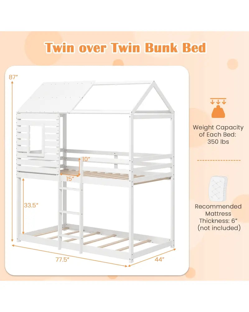 Twin over Twin House Bunk Bed with Roof and Full-length Guardrails-White - White - Bunk Bed Frame
