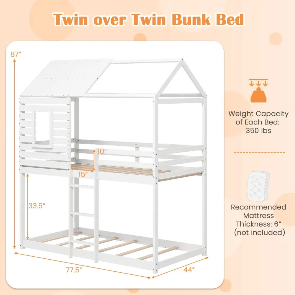 Twin over Twin House Bunk Bed with Roof and Full-length Guardrails-White - White - Bunk Bed Frame