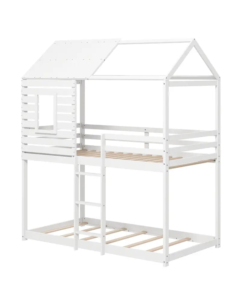 Twin over Twin House Bunk Bed with Roof and Full-length Guardrails-White - White - Bunk Bed Frame