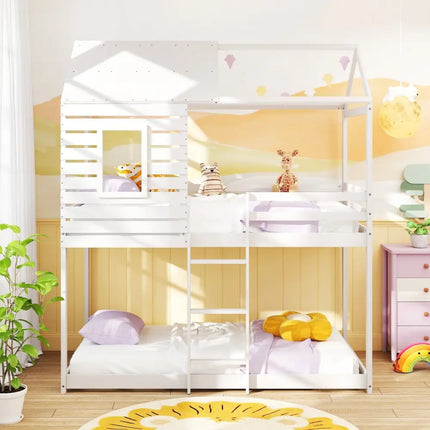 Twin over Twin House Bunk Bed with Roof and Full-length Guardrails-White - White - Bunk Bed Frame