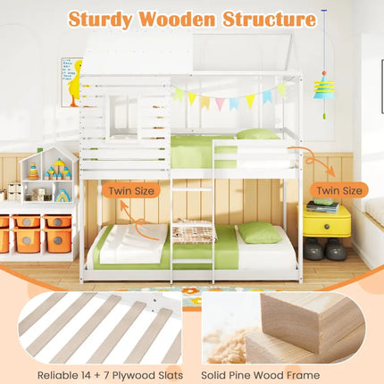 Twin over Twin House Bunk Bed with Roof and Full-length Guardrails-White - White - Bunk Bed Frame