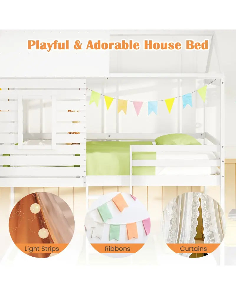 Twin over Twin House Bunk Bed with Roof and Full-length Guardrails-White - White - Bunk Bed Frame