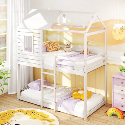Twin over Twin House Bunk Bed with Roof and Full-length Guardrails-White - White - Bunk Bed Frame