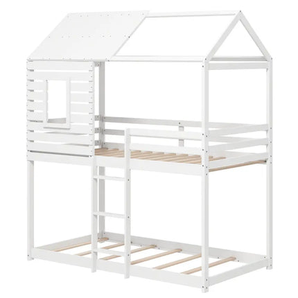 Twin over Twin House Bunk Bed with Roof and Full-length Guardrails-White - White - Bunk Bed Frame