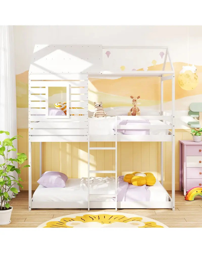 Twin over Twin House Bunk Bed with Roof and Full-length Guardrails-White - White - Bunk Bed Frame