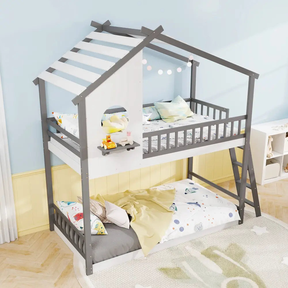 Twin over Twin House Bunk Bed with Roof and Guardrails for Kids-White & Gray - Gray & White - Bunk Bed Frame