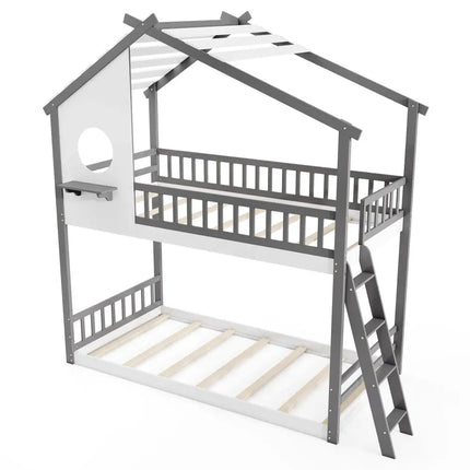 Twin over Twin House Bunk Bed with Roof and Guardrails for Kids-White & Gray - Gray & White - Bunk Bed Frame