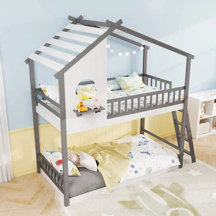 Twin over Twin House Bunk Bed with Roof and Guardrails for Kids-White & Gray - Gray & White - Bunk Bed Frame