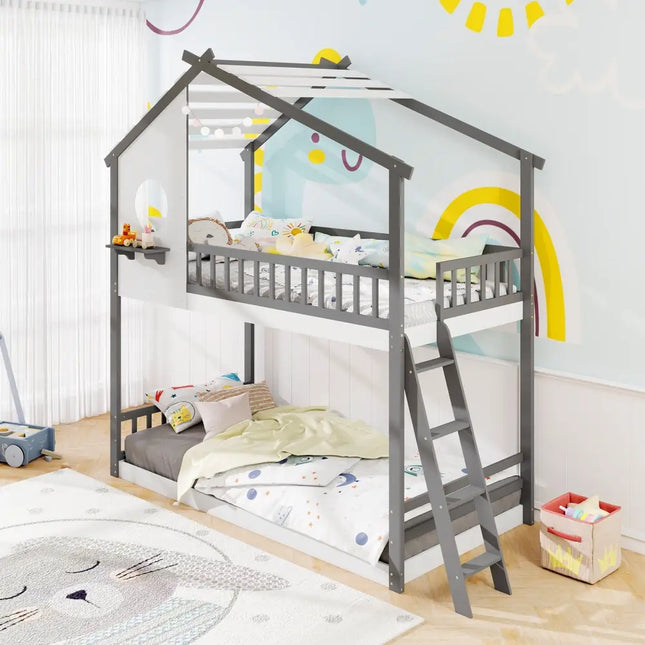 Twin over Twin House Bunk Bed with Roof and Guardrails for Kids-White & Gray - Gray & White - Bunk Bed Frame
