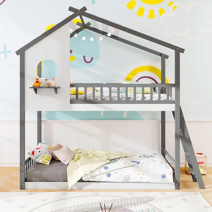 Twin over Twin House Bunk Bed with Roof and Guardrails for Kids-White & Gray - Gray & White - Bunk Bed Frame