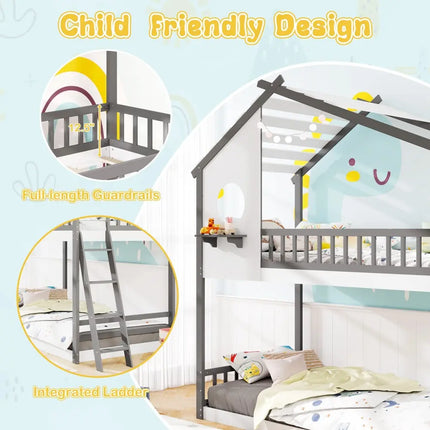 Twin over Twin House Bunk Bed with Roof and Guardrails for Kids-White & Gray - Gray & White - Bunk Bed Frame