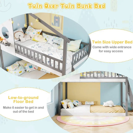 Twin over Twin House Bunk Bed with Roof and Guardrails for Kids-White & Gray - Gray & White - Bunk Bed Frame