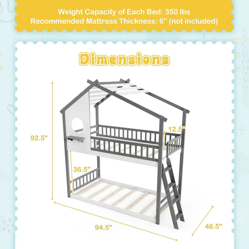 Twin over Twin House Bunk Bed with Roof and Guardrails for Kids-White & Gray - Gray & White - Bunk Bed Frame