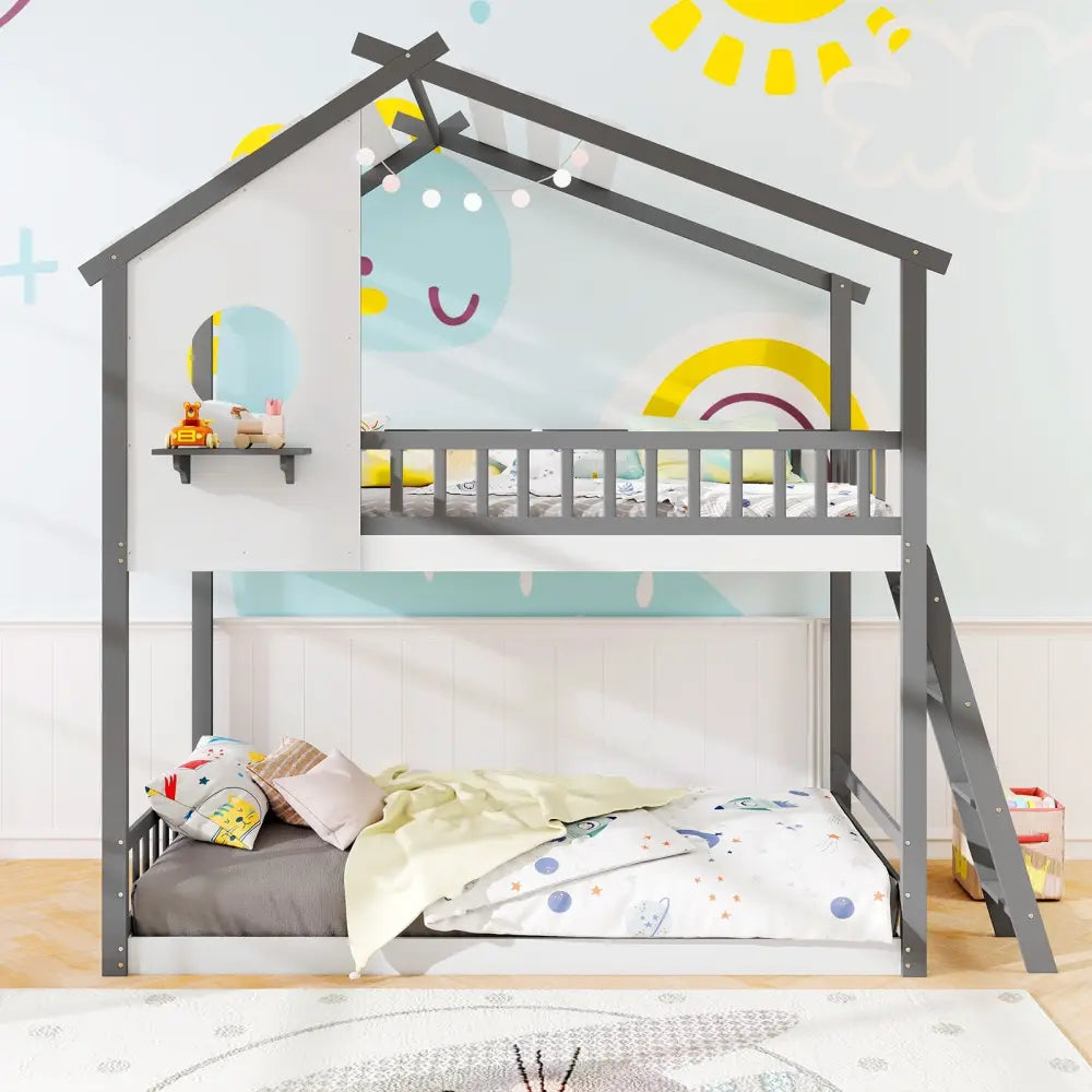 Twin over Twin House Bunk Bed with Roof and Guardrails for Kids-White & Gray - Gray & White - Bunk Bed Frame