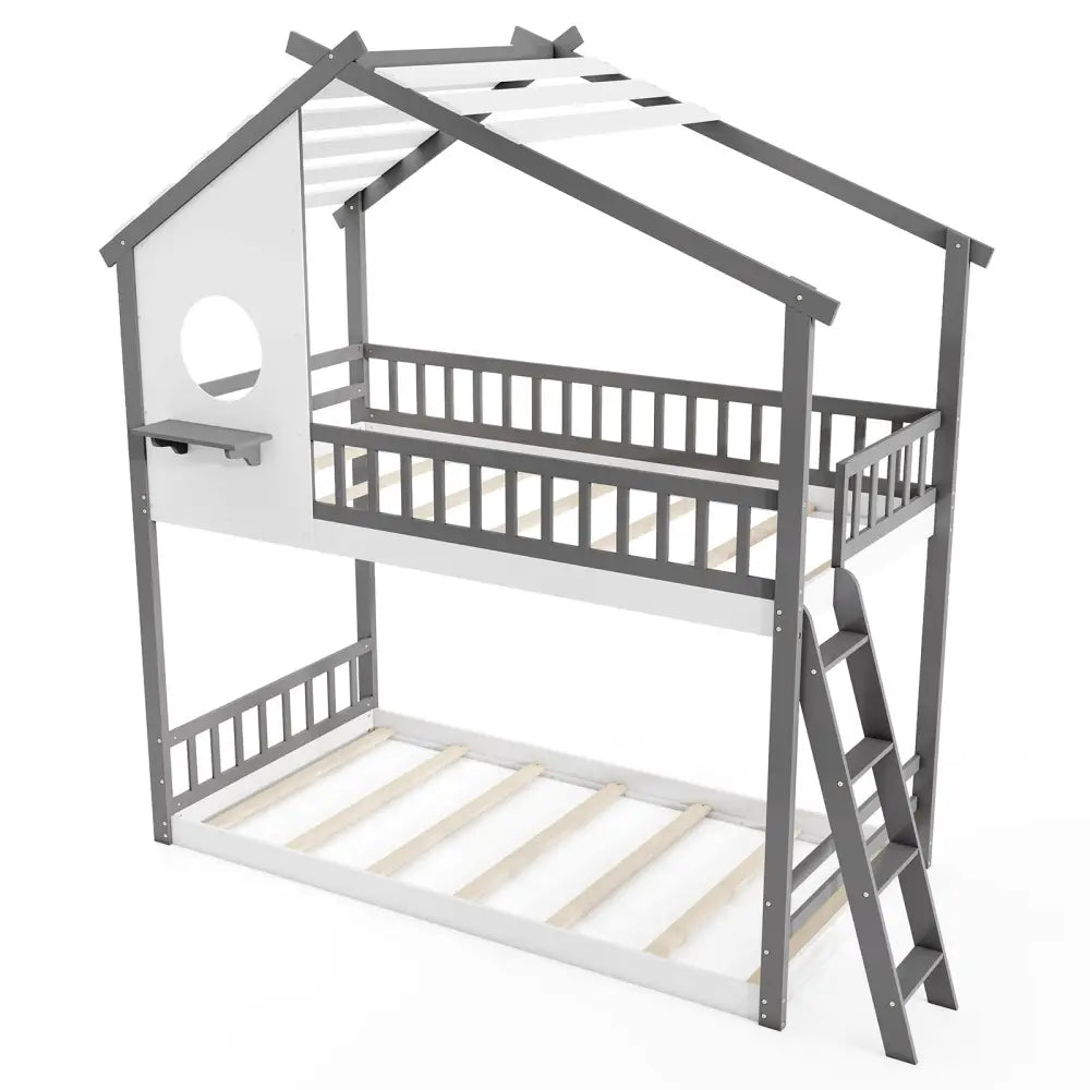 Twin over Twin House Bunk Bed with Roof and Guardrails for Kids-White & Gray - Gray & White - Bunk Bed Frame