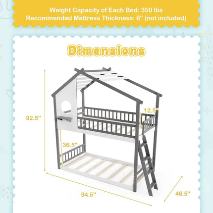 Twin over Twin House Bunk Bed with Roof and Guardrails for Kids-White & Gray - Gray & White - Bunk Bed Frame