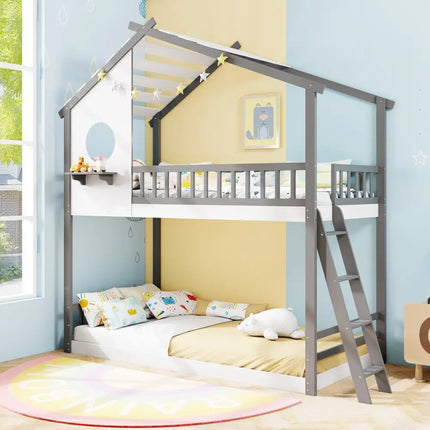 Twin over Twin House Bunk Bed with Roof and Guardrails for Kids-White & Gray - Gray & White - Bunk Bed Frame