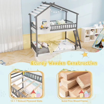 Twin over Twin House Bunk Bed with Roof and Guardrails for Kids-White & Gray - Gray & White - Bunk Bed Frame
