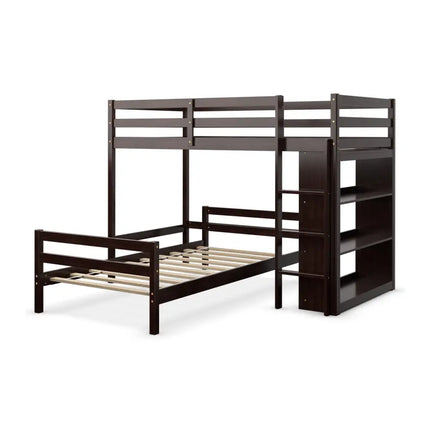 Twin Over Twin Loft Bunk Bed with Bookcase-Espresso - Dark Brown - Bunk Bed Frame