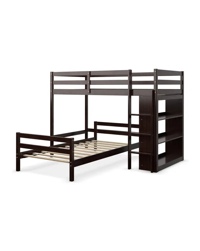 Twin Over Twin Loft Bunk Bed with Bookcase-Espresso - Dark Brown - Bunk Bed Frame